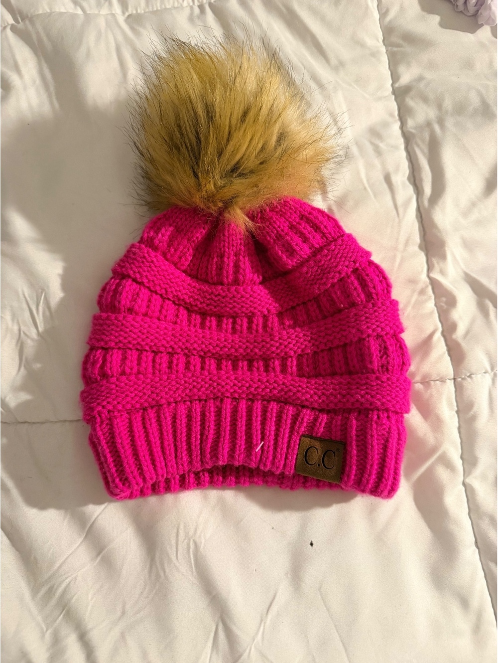 CC Beanie Pink Knit Hat with Faux Fur Pom Pom